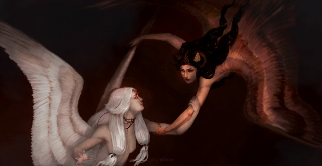 Обои картинки фото фэнтези, существа, ангел, арт, взгляд, крылья, фантастика, демон