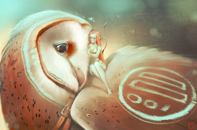 Обои картинки фото gaudibuendia, фэнтези, существа, существо, арт, крылья, сова, птица