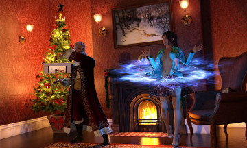 Картинка 3д+графика праздники+ holidays девушка взгляд фон санта клаус интерьер елка подарки камин