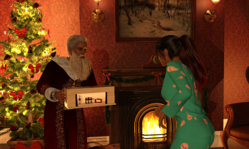 Картинка 3д+графика праздники+ holidays девушка взгляд фон санта клаус интерьер елка подарки камин