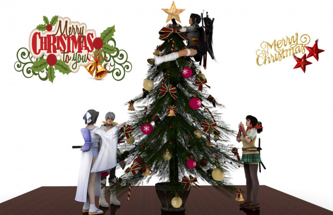 Обои картинки фото 3д графика, праздники , holidays, девушки, фон, елка, взгляд