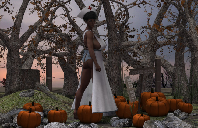 Обои картинки фото 3д графика, люди , people, тыквы, фон, взгляд, девушка