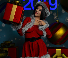 Картинка 3д+графика праздники+ holidays девушка взгляд фон снегурочка