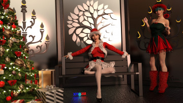 Картинка 3д+графика праздники+ holidays девушки взгляд фон снегурочки