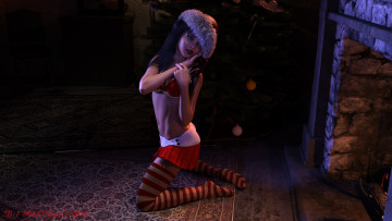 Картинка 3д+графика праздники+ holidays камин фон снегурочки взгляд девушки