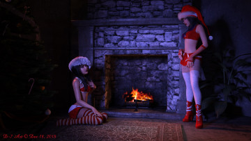 Картинка 3д+графика праздники+ holidays камин снегурочки фон взгляд девушки
