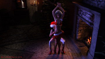 обоя 3д графика, праздники , holidays, камин, снегурочки, девушки, взгляд, фон