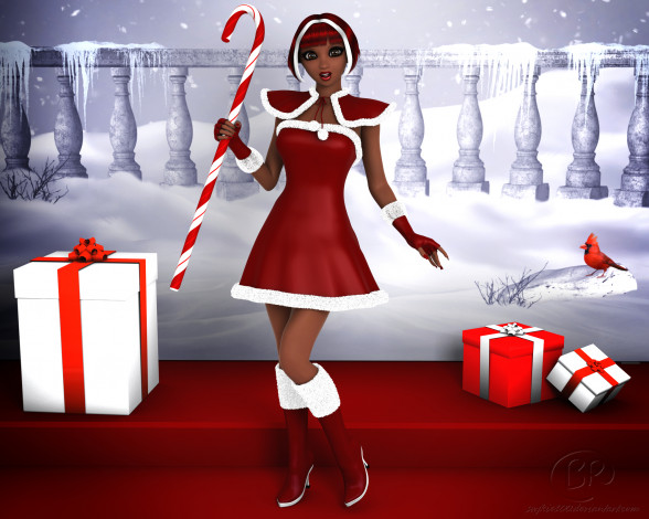 Обои картинки фото 3д графика, праздники , holidays, девушка, взгляд, фон, снегурочка