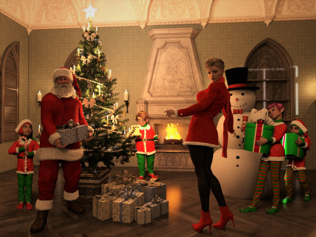 Обои картинки фото 3д графика, праздники , holidays, cанта, клаус, фон, взгляд, девушка