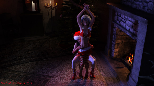 Обои картинки фото 3д графика, праздники , holidays, камин, снегурочки, девушки, взгляд, фон