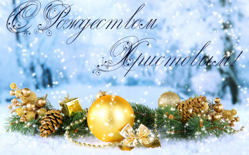 Картинка праздничные украшения снег ветка поздравление шишки ёлка