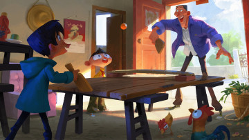 Картинка рисованное кино +мультфильмы папа дети стол теннис петухи