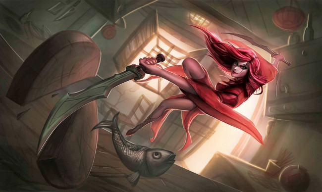 Обои картинки фото видео игры, league of legends, katarina, рыба, доска, нож
