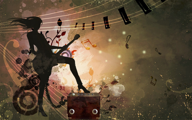 Обои картинки фото векторная графика, девушки , girls, девушка, силуэт, гитара, усилитель, музыка