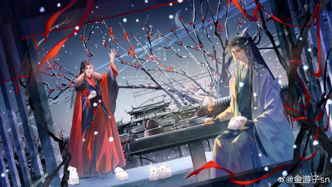 Обои картинки фото аниме, mo dao zu shi, лань, ванцзи, вэй, усянь, снег, беседка, кролик