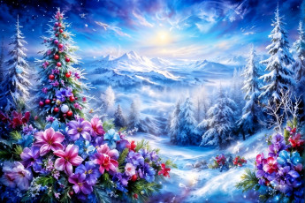 обоя праздничные, 3д графика , новый год, лес, снег, ёлки, шарики, цветы, горы