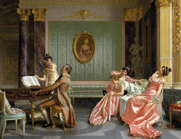 Обои картинки фото рисованное, vittorio reggianini, дамы, мужчина, пианино, салон