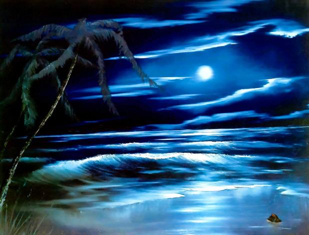 Обои картинки фото рисованное, bob ross, пальма, море, ночь, луна