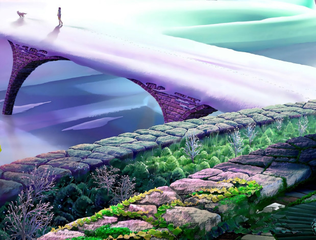 Обои картинки фото фэнтези, _kagaya, мост, снег, река, берег, растения, девушка, собака