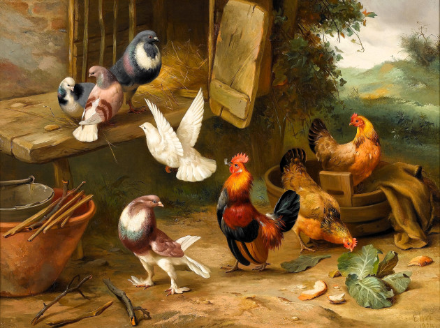 Обои картинки фото рисованное, edgar hunt, куры, голуби, двор