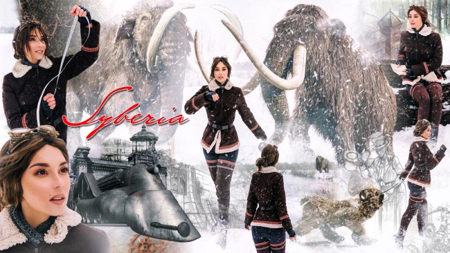 Обои картинки фото девушки, анна шаховская, syberia, образ, косплей, наряд, костюм, мамонты, техника, зима, снег