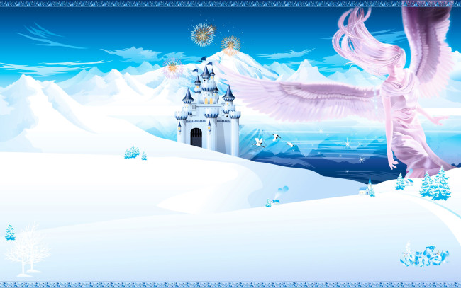 Обои картинки фото фэнтези, ангелы, ангел, зима, снег, замок, море