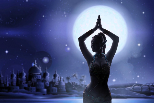 Обои картинки фото девушки, анна шаховская, образ, косплей, наряд, костюм, танец, город, луна, звезды