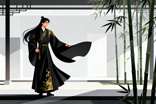 Обои картинки фото рисованное, люди, парень, китай, наряд, бамбук